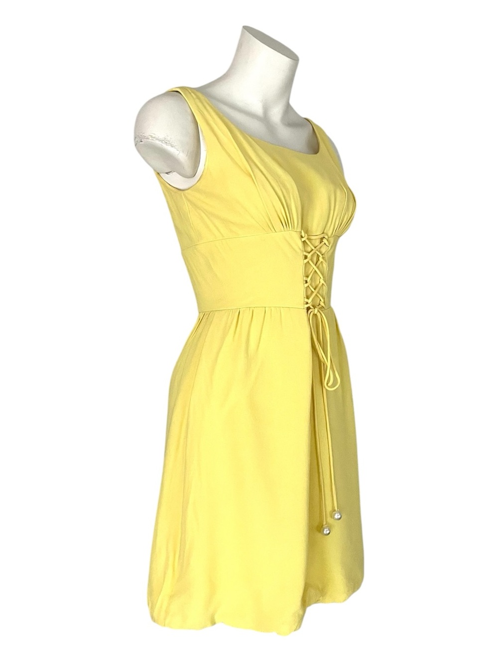 Vintage 60s Lemon Yellow Lace Up Corset Waist Dress Sleeveless Fit & Flare - Picture 2 of 16